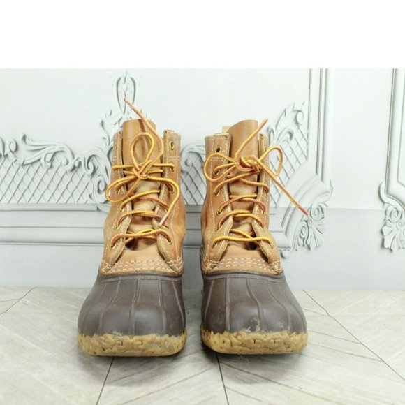 LL Bean Brown Leather Lace Up Unlined Ankle Duck Boots Size 7 Medium - Picture 4 of 9